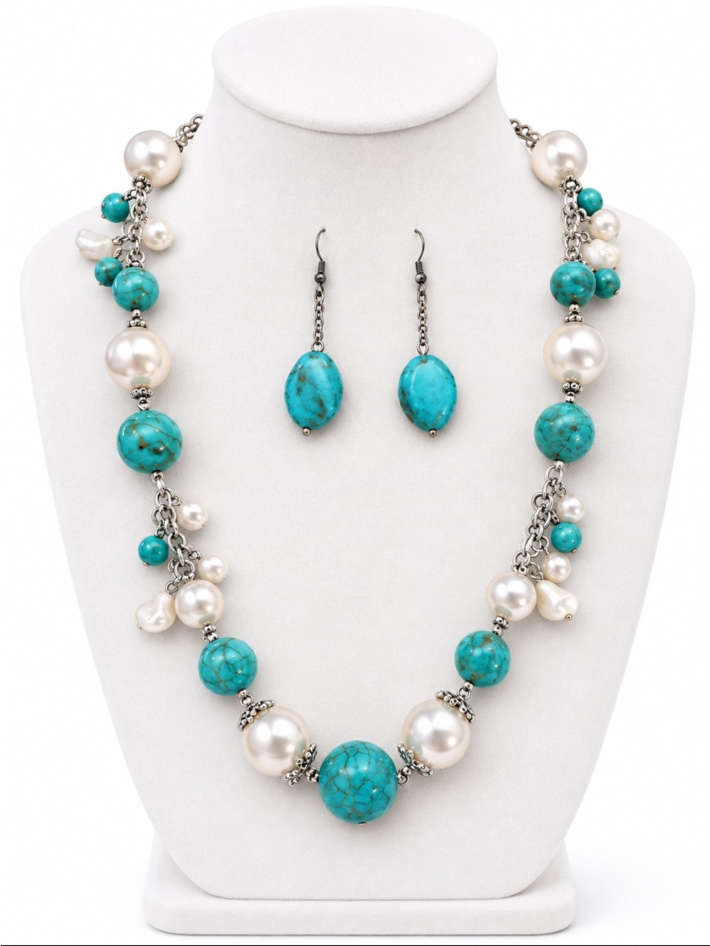 Turquoise & Pearl Necklace with Matching Drop Earrings